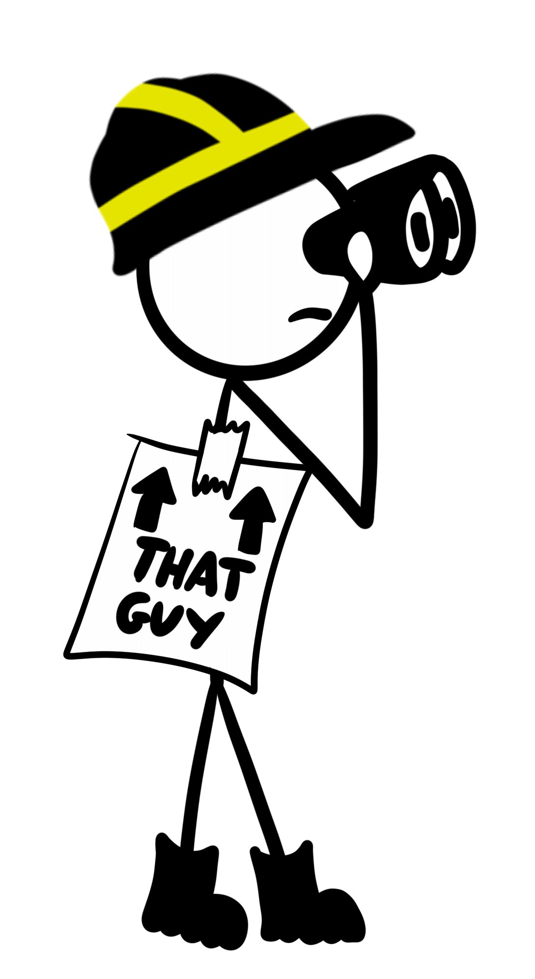 Stick figure character Bob looking through binoculars with a “That Guy” sign on his back, representing a humorous 404 error