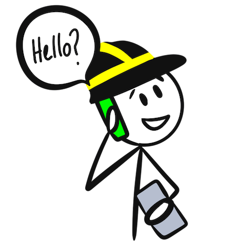 Line drawing of LYIT stick figure character Bob answering a phone call and saying hello