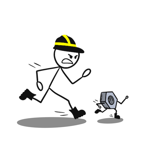 Bob chasing part - LYIT stockout graphic Line drawing of LYIT stick figure character Bob running after a part, representing stockouts or missing inventory