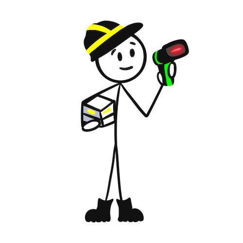 Line drawing of LYIT stick figure character Bob holding a box of parts in one arm and a LYIT scanner in the other, ready to track inventory