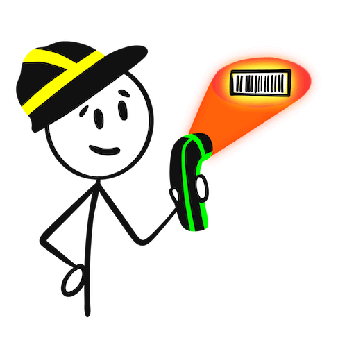 LYIT Character Bob Scanning Barcode Hand-drawn stick figure character “Bob” using a handheld scanner to scan a barcode, illustrating the simple scan-in/scan-out process of the LYIT system