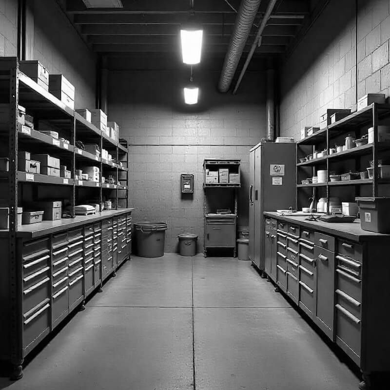Organised workshop parts storage room with shelves of labeled tools and equipment